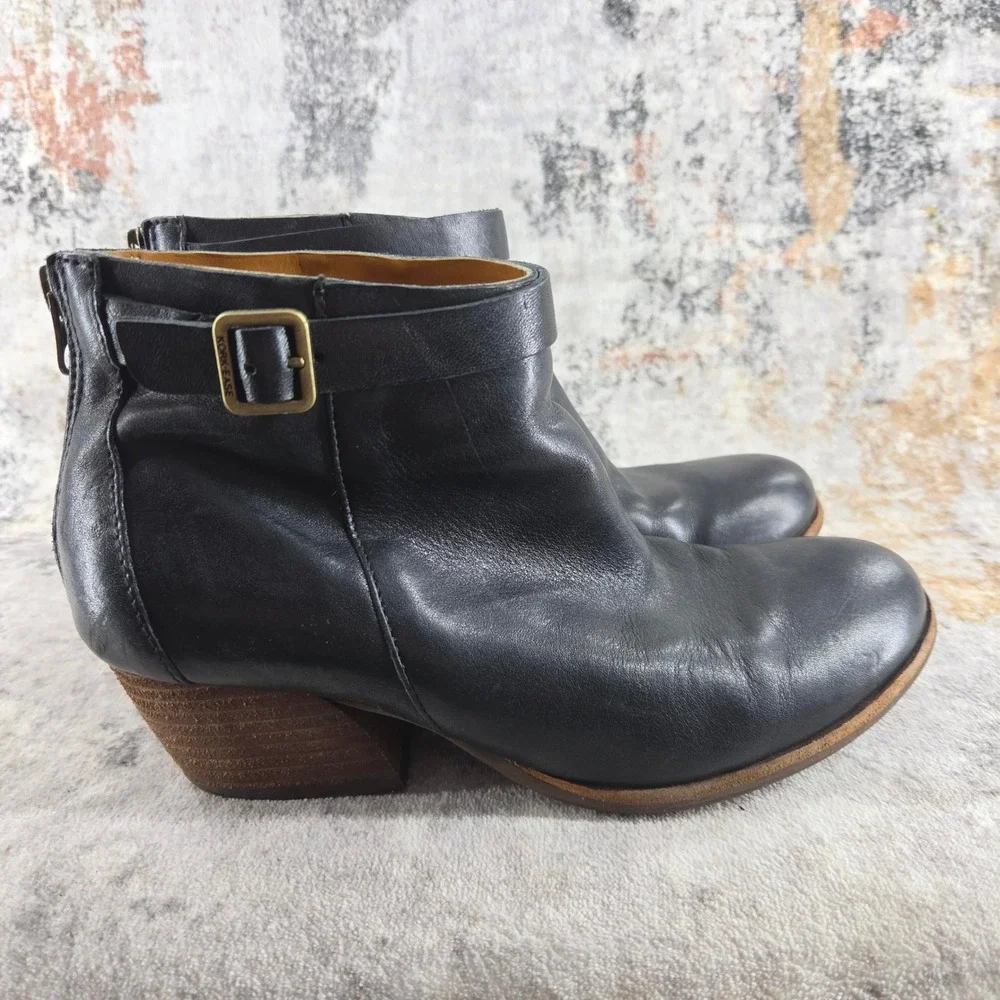 Kork Ease Velma Ankle Boots Womens‎ 7 Black Leather Back Zip Buckle Block Heel